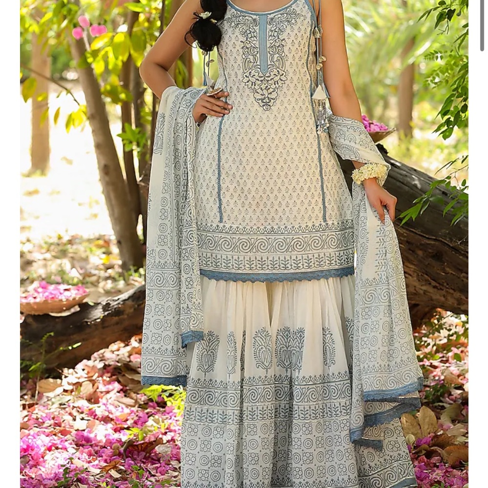 White and blue cotton sharara suit